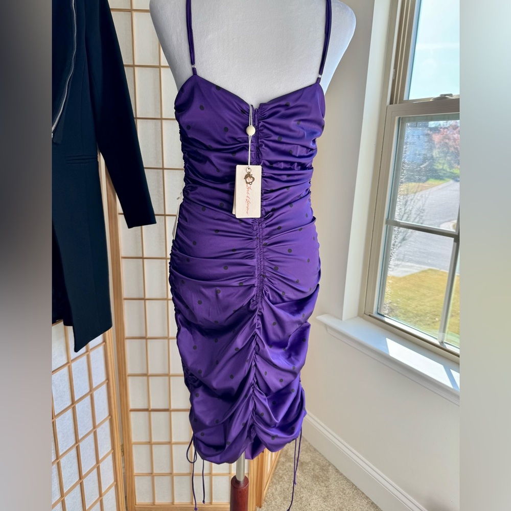 NWT: For Love & Lemons "Paula" Ruched Bodycon Dress, Satin/Royal Purple - Picture 5 of 9